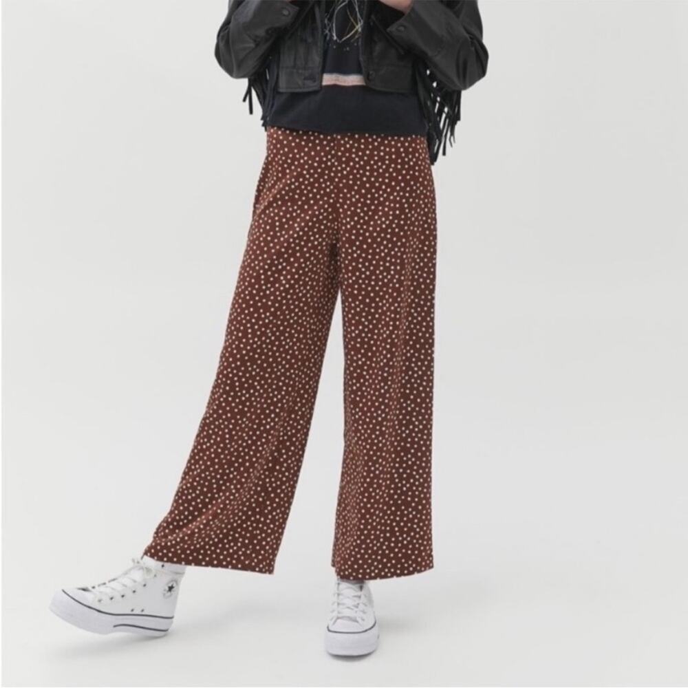 Urban Outfitters Olympia Super High Waisted Satin Polka Dot Wide Leg Pants Brown